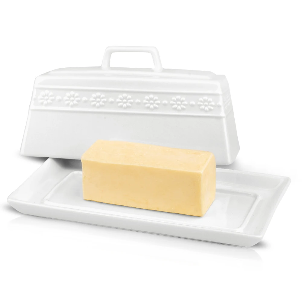 Little Daisy Design Cream White Ceramic Butter Dish Rectangle Porcelain Butter Keeper With Wood Cover
