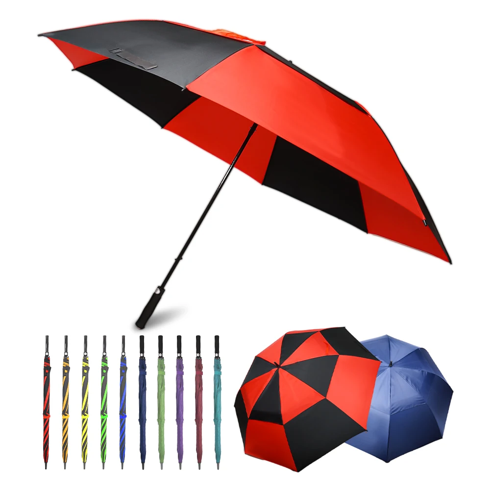 Big 60 Inch Custom Logo Double Canopy Vented UV Protection Sun Rain Windproof Automatic Golf Umbrella For Adults