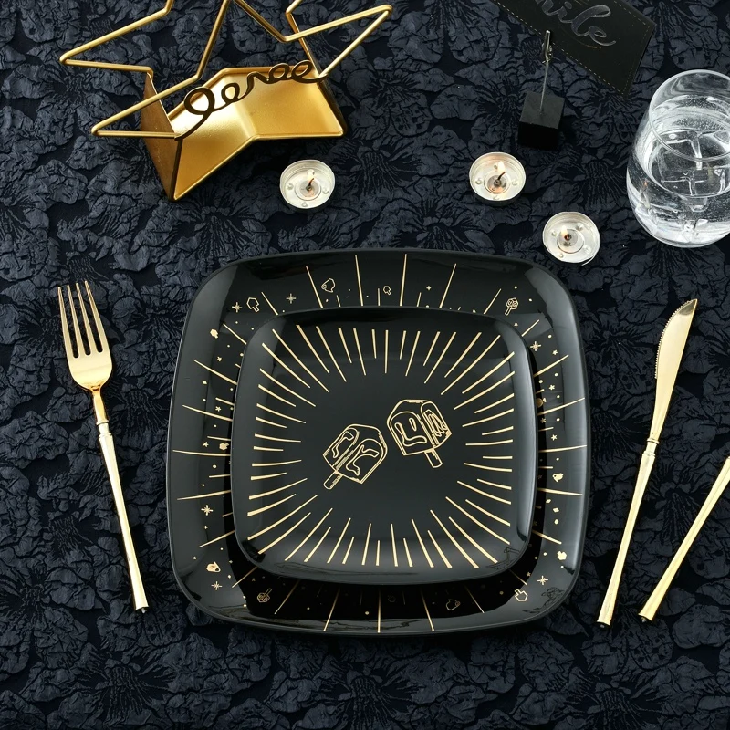 7 Inch Wholesale Disposable Plastic Black Color Square Shape Custom Dinnerware For Party Wedding Gold Plastic Plates