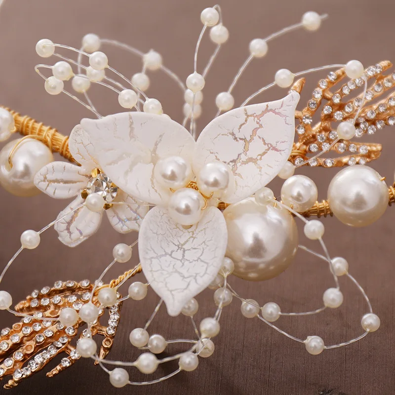 Luxury New Wedding Pearl Leaf Hair Band Bridal Tiara Fashion Handmade Crystal Hair Accessories Ladies Head Bridal jewelry