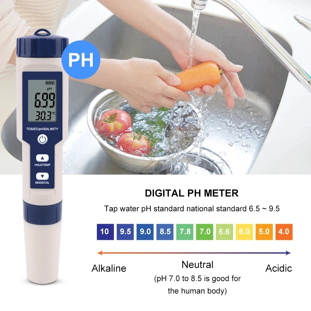 Multi-functions 5 in 1 pH TDS Ec Salinity Temp. Water Quality Tester Ez9909 LCD Screen with backlight from China factory cheap