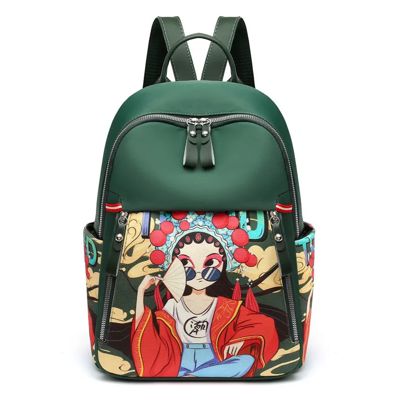 Fashion Girls Shopping Travel Backpack Bag Popular Chinese Style Women Oxford Backpack Durable Peking Opera Ladies Large Daypack
