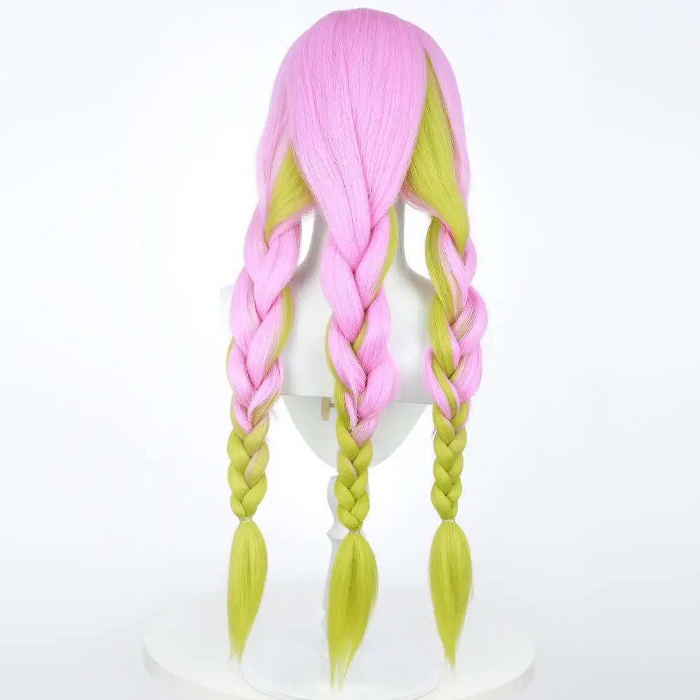 Wholesale Demon Slayer Kanroji Mitsuri Wig Cosplay Long Pink Green Mixed Synthetic Anime Hair Wig With Braids