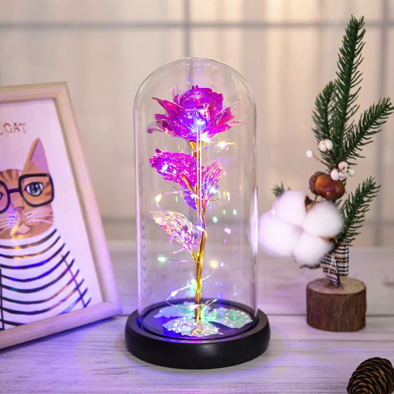 2022 New Mother Day Gift LED Light String Colorful 24k Gold Foil Rose Flowers Galaxy Rose In Glass Dome