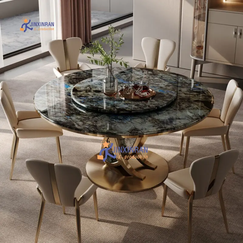 Round lazy susan dinning table italian modern luxury marble stainless steel gold dining tables set with 6 chairs for home villa