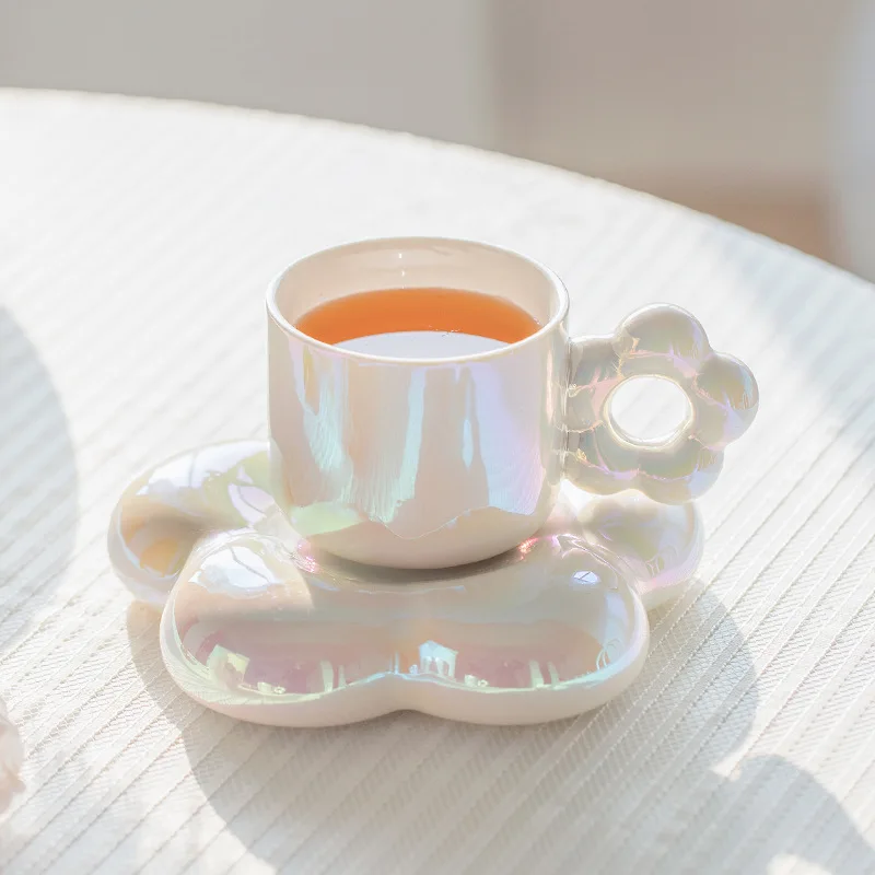 Migo inductive rainbow color pearlescent mug gift cloud ceramic tea cup flowers coffee cups and saucer set
