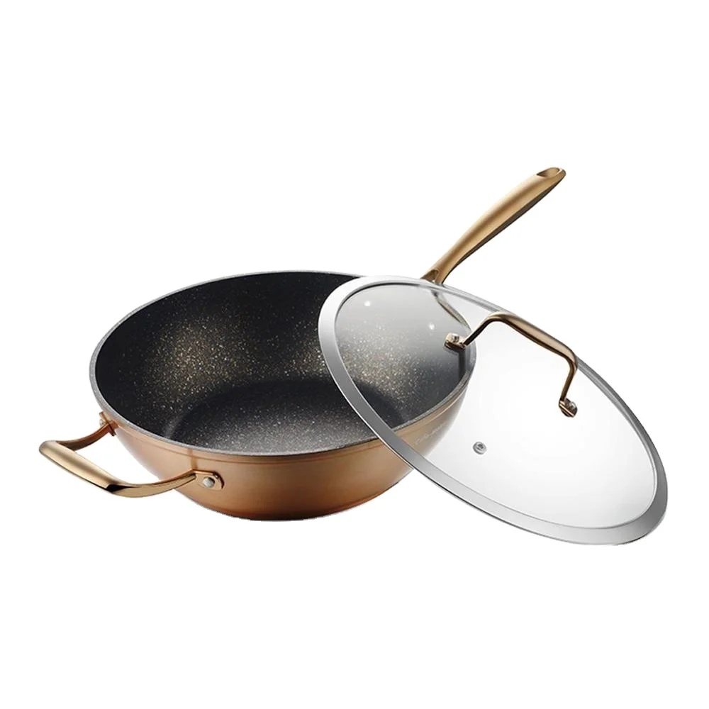 Forged Golden Marble Coating Wok With Lid, Wok Pan