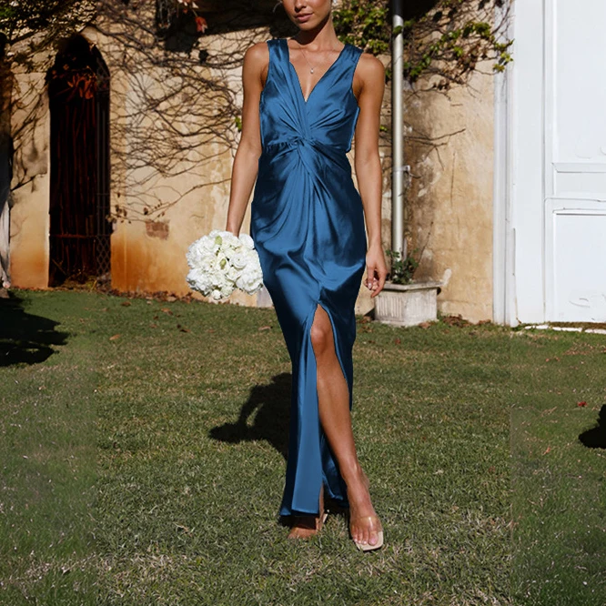 New Arrivals Front Twist V Neck Sleeveless Leg Slit Satin Dress Blue Evening Dresses