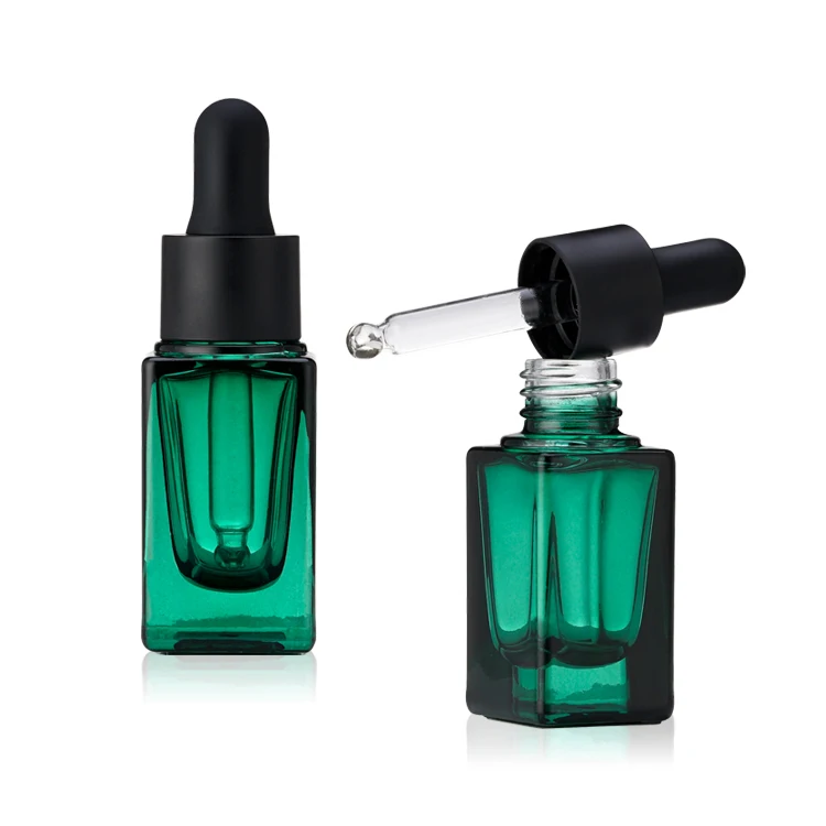 Customize 10ml rectangular dark green glass serum bottle with matte black dropper