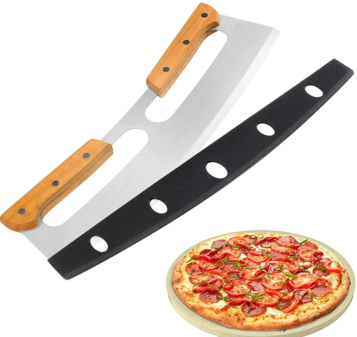 Custom Sharp Blade Stainless Steel Big Pizza Knife Cutter 14 inch Pizza Cutter Rocker cortador de pizza with Wooden Handles