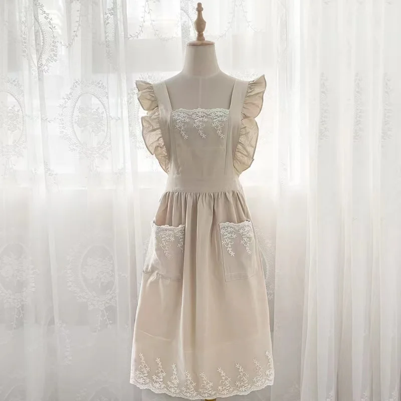 stylish handmade women beige gardening farmhouse cotton aprons kitchen cafe aprons with lace