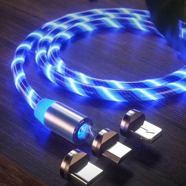 Магнитный USB-кабель 3 в 1 2 м Светодиодный светящийся бегущий кабель Micro USB Type-C кабели для мобильных телефонов яркий зарядный