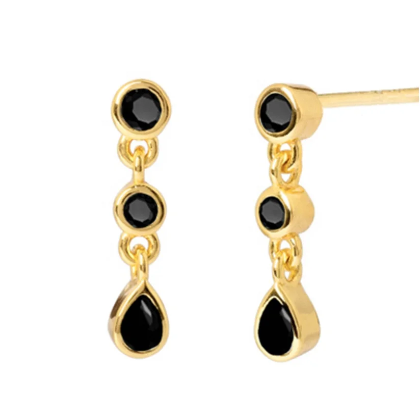 Gemnel 925 sterling silver 14k gold plated custom black stone water drop earrings for women