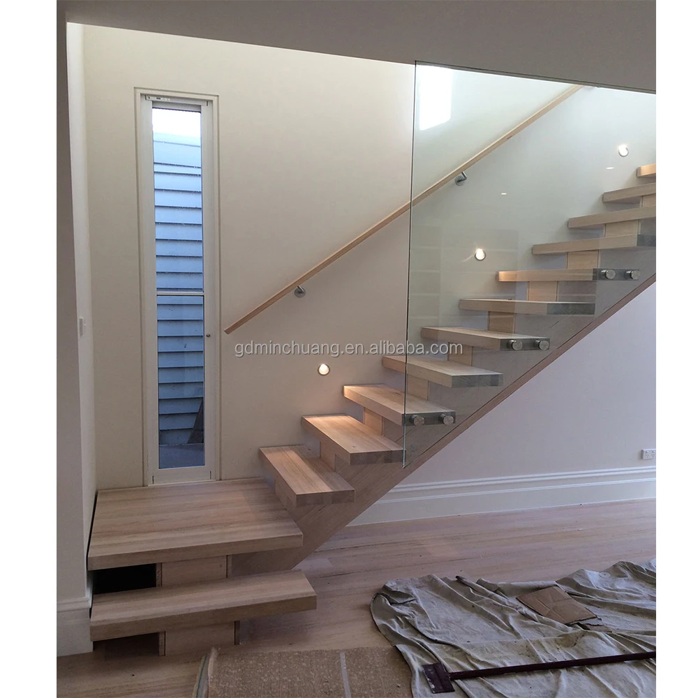 Stair Mono Stringer Staircase with Wooden Treads Stainless Steel Glass Railing Customize Staircase