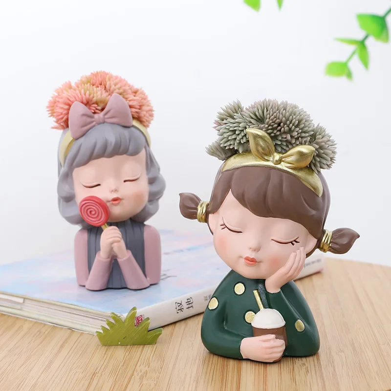 DIY Gardening Cute Small Girl Figurine Resin Tabletop Cactus Plant Pots