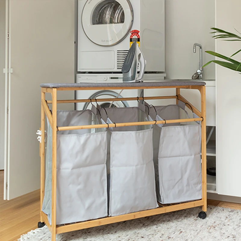 NEW Bamboo Laundry Sorter Cart with Foldable Ironing Board with Removable 3 Bags Laundry Hamper Sorter