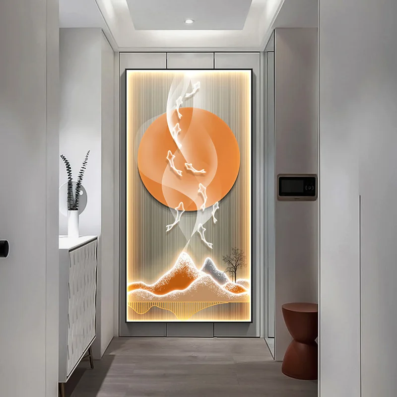 Modern luxury home porch decoration nine fish LED lights crystal porcelain wall glass  lamp painting art