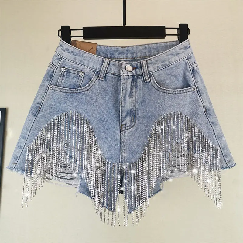2021 Hot Streetwear Casual Rhinestone High Waist Beaded Sequin Blingbling Slim Booty Fringed Denim Ripped Ladies Jeans Shorts