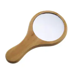 Handmade Portable Handle Round Cosmetic Mirror with Single Handle Personal Vanity Cosmetic Wooden Handheld Mirror
