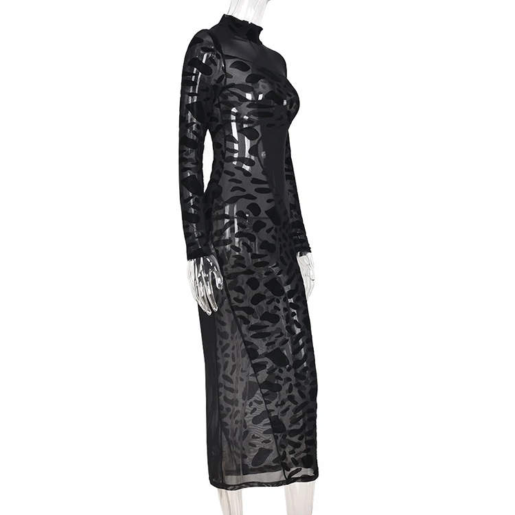 2021 Women Fall Seductive Club Wear Black Patchwork Flocking Mock Neck Long Sleeve Perspective Bodycon Maxi Dress