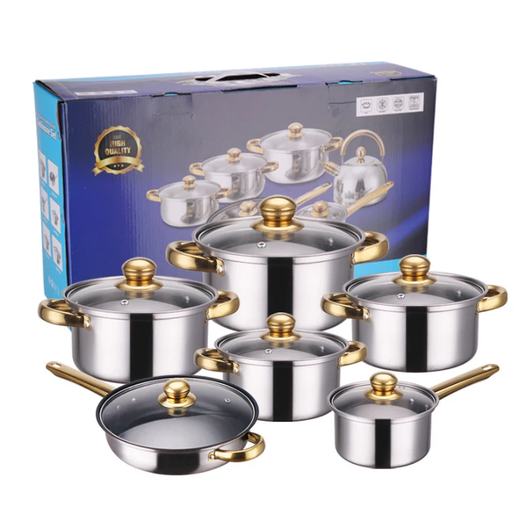 Stainless steel pot set non-stick pan 12-piece set gold-plated handle stainless pots cookware set kitchen