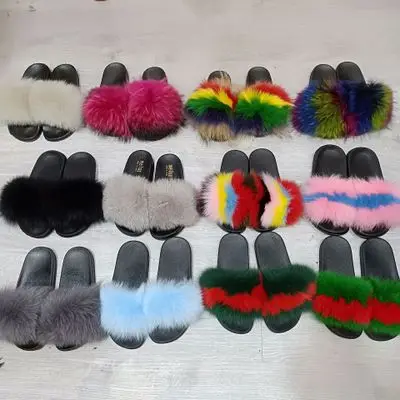 slipper manufacturer Wholesale 100% fluffy fox indoor slippers fur slides furry sandals for ladies
