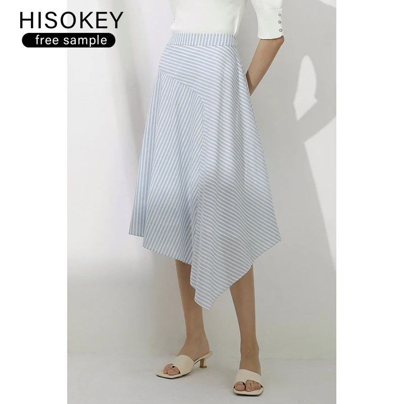 HISOKEY asymmetric design elegant half skirt Blue white stripes casual skirt for office ladies and womens