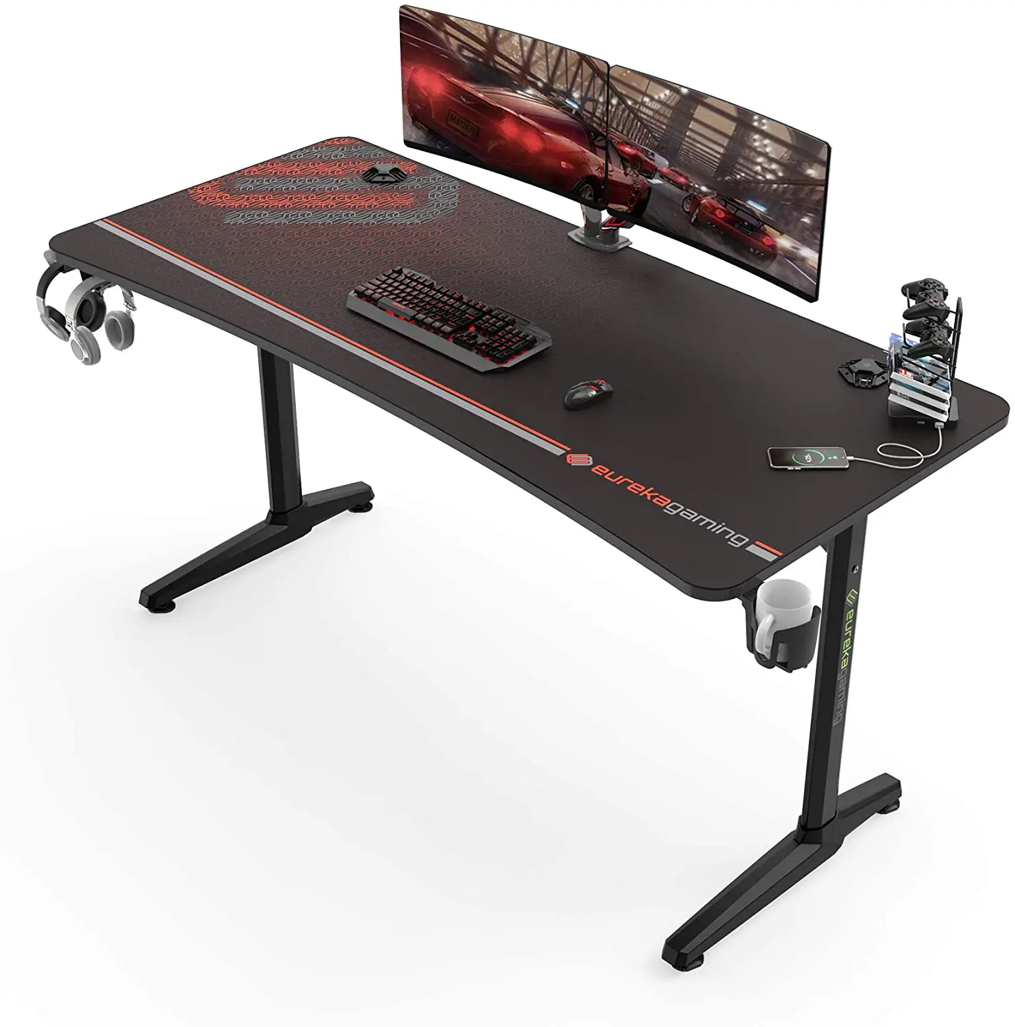 Large black l shaped modern office wood desktop computer racing desk gaming and office desk