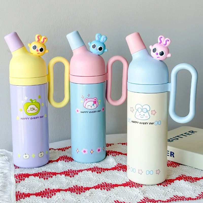 Seaygift hot sale Korean stainless steel thermos cup coffee tumbler mug cartoon doll children insulated water bottle with handle