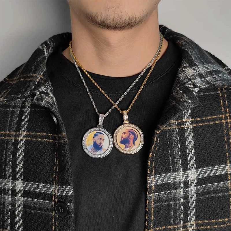 Custom Photo Necklace Personalized Family Memory Jewelry 18K Gold Plated Iced Out Baguette CZ Circle Picture Pendant Necklace