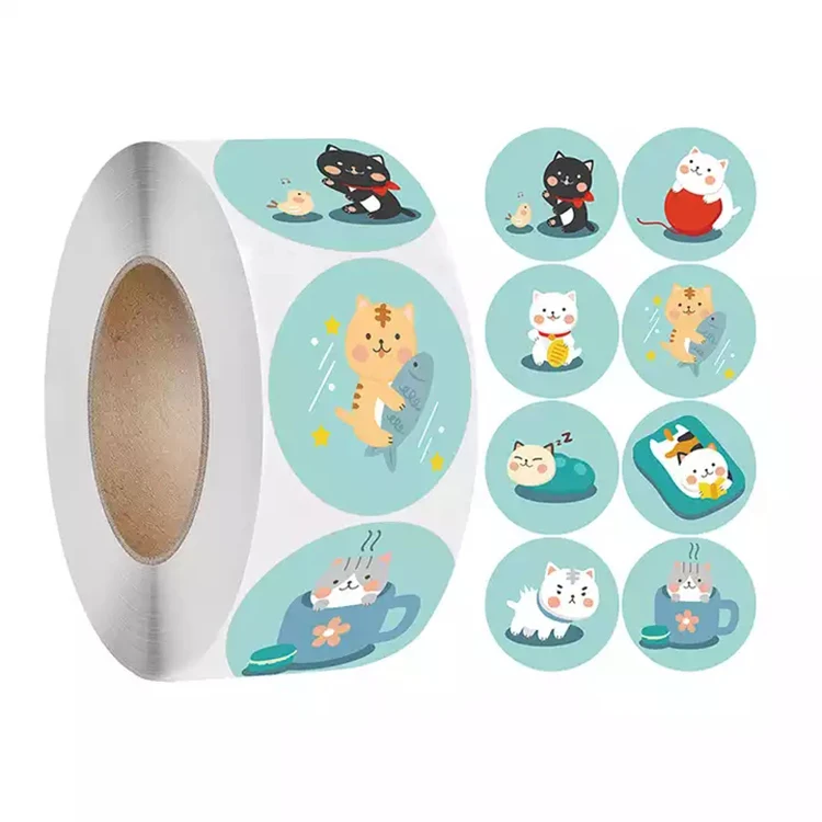 Custom Mini Color Printed Self Adhesive Paper Roll Round Packing Decorative Cartoon Labels Stickers