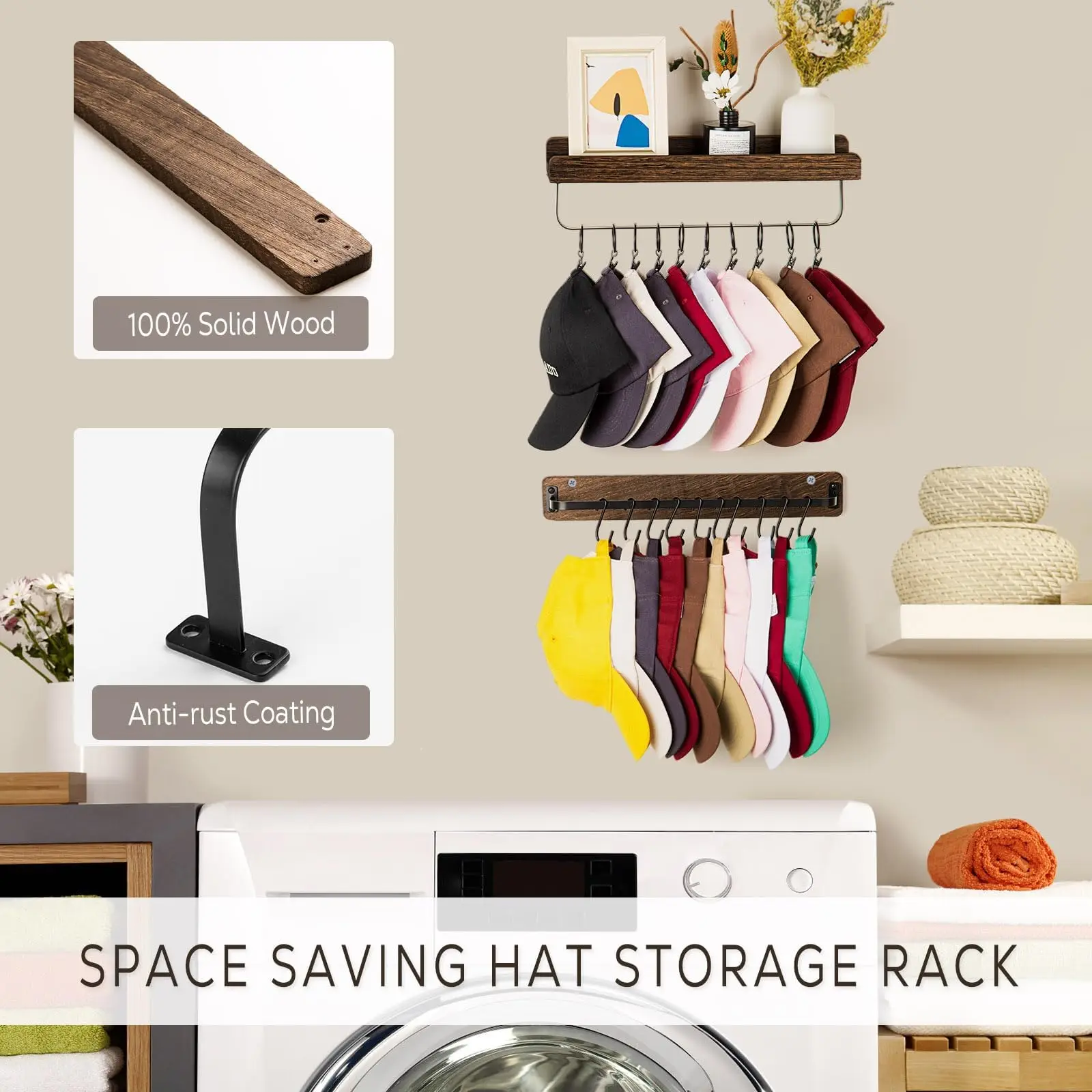 Ikass Floating Wood display storage shelves Wood Wall Mounted Shelves with Hanging Hooks for Bathroom Bedroom Living Room