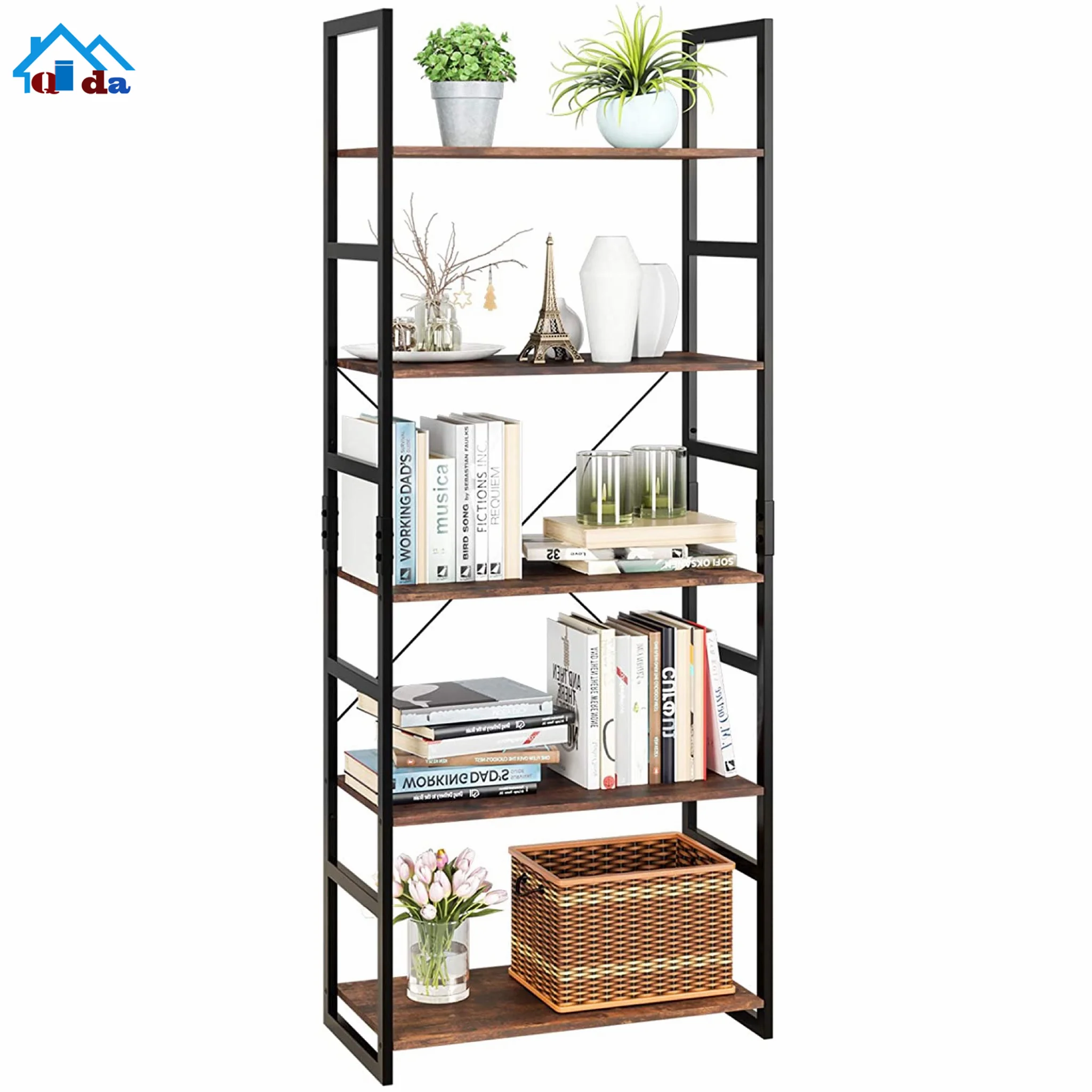 Wooden Metal Bookshelf 4-tiers Wholesale Display Bookcases Multi Functional Shelves Modern Style Living Room Furniture