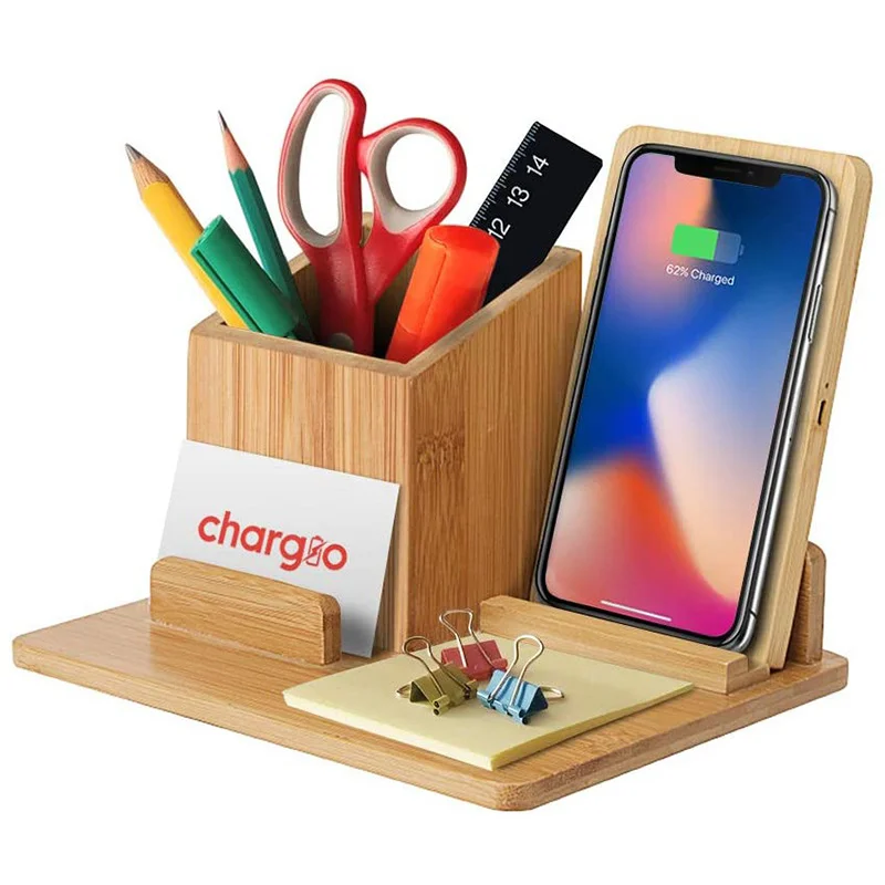 Factory wholesale price high quality 100% bamboo wireless charging bamboo pen holder wooden office storage