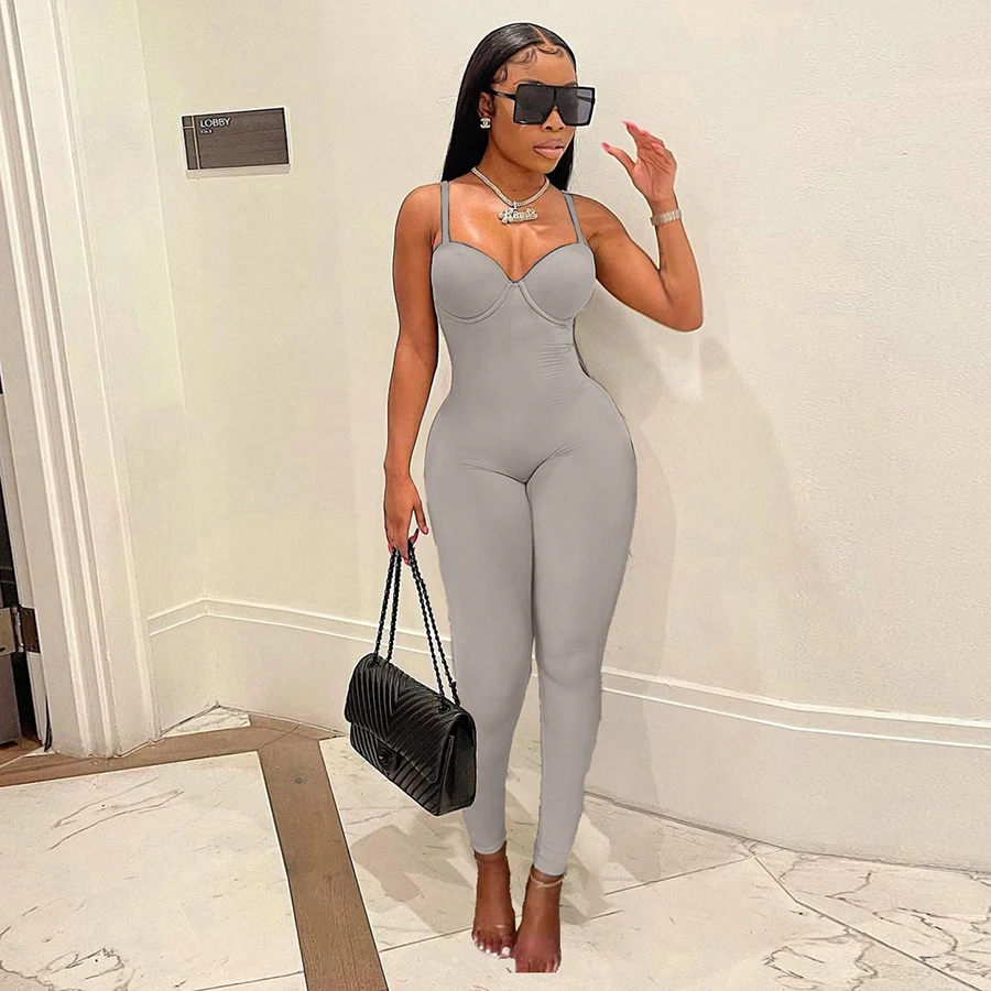 K21Q10418 Fashion Clothes 2022 Sleeveless Halter Jumpsuit High Street Solid Color Bodycon One Piece Plus Size Jumpsuit