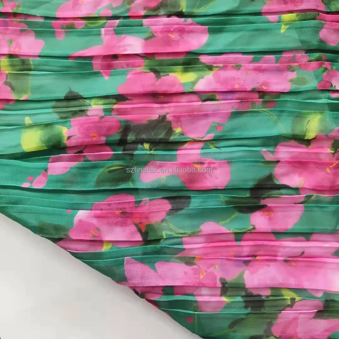 
custom printed polyester crepe crinkle fabric pleated chiffon fabric tulle textile for dress shirts 