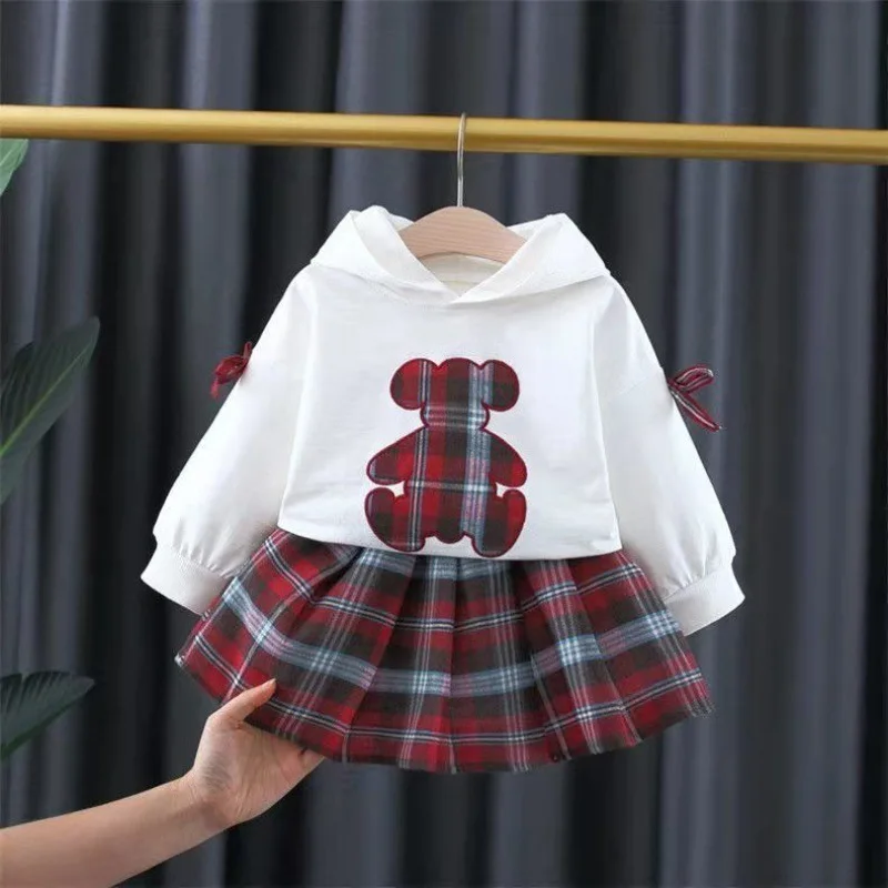 Cute Bear Cartoon Toddler Kids Little Young Girls Clothing Sets Hooded Tops & Skirt 2pcs Set Plaid Children Fall Outfit