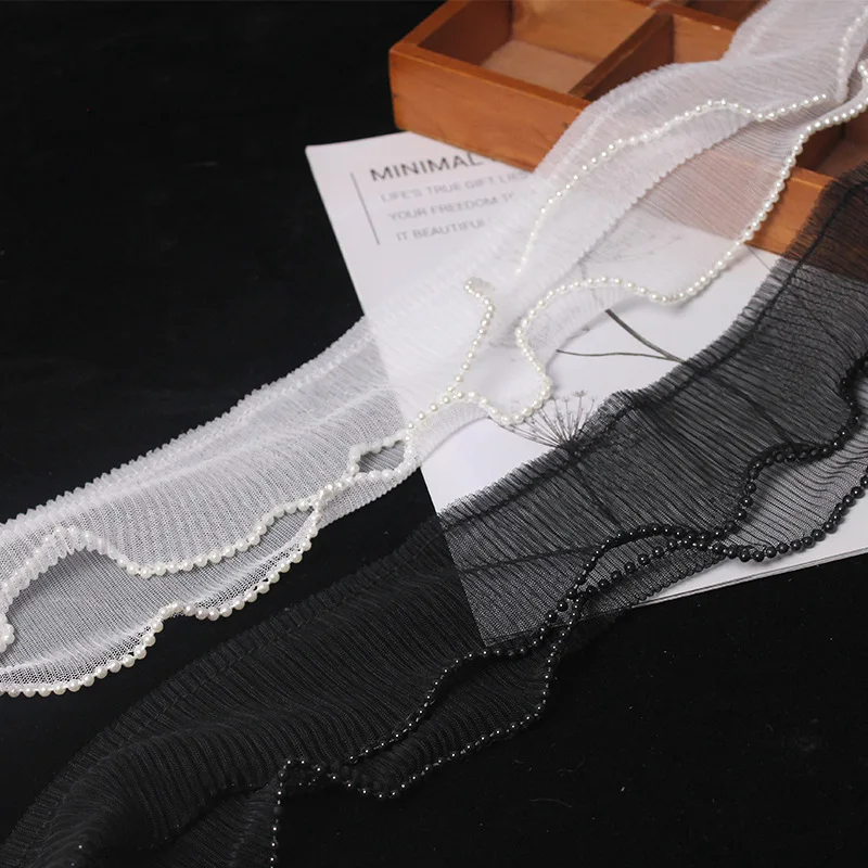9cm Size Double Layers Pleated Lace Trim White Black Elastic Mesh Pearl Laces Garment Cloth Accessories