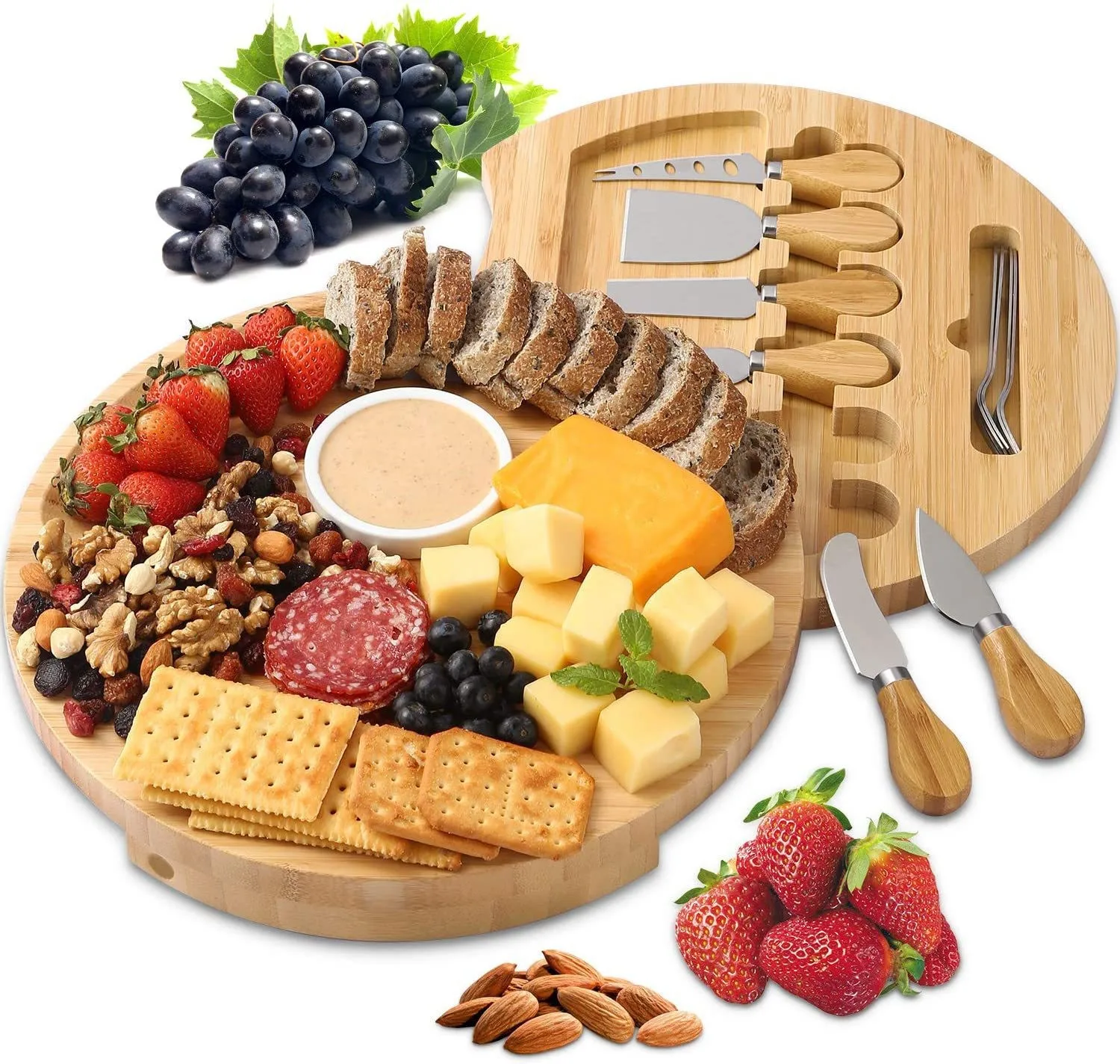 New Arrival 6pcs Knife Set Thick  Natural Round Bamboo Cheese Board with Ceramic Bowls