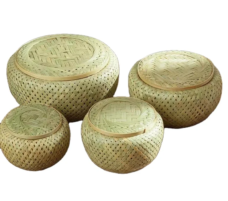 Hot Sale Set of 4 Hand Made Weaving  Natural Green Color Bird Nest Fruit Bamboo Baskets Candy Basket with Lid