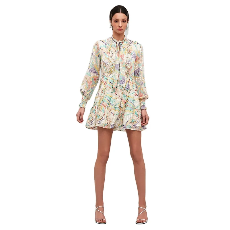 OEM Factory Custom New Style Blouse Chiffon Long Sleeve Floral Womens Elegant Casual Dress With Mesh
