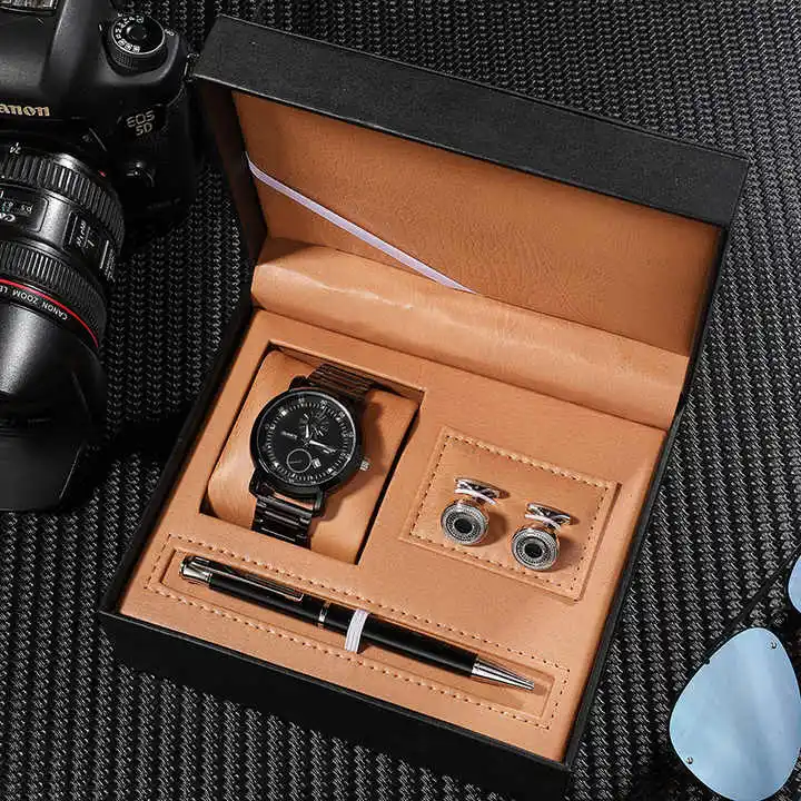 New Custom Logo Luxurious Man Business Watch Pen Earring Organizer Black Leather Handmade Watch Packaging Gift Box