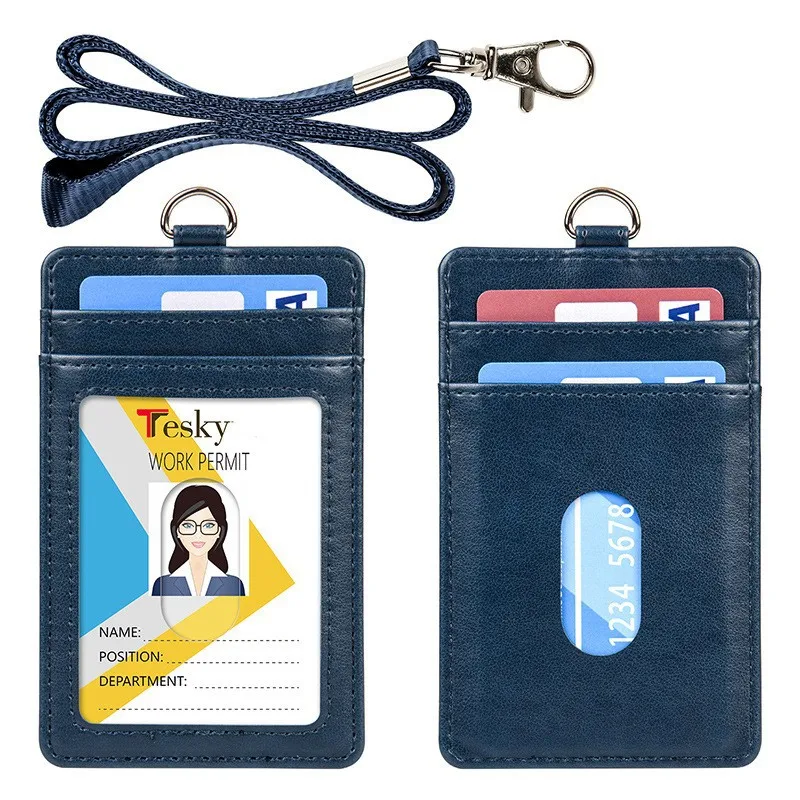 PU Leather ID Tag Working Permit Case for Staff Employee Pass Work Card Cover Badge Holder Sleeve with Lanyard ID Tag Neck Strap