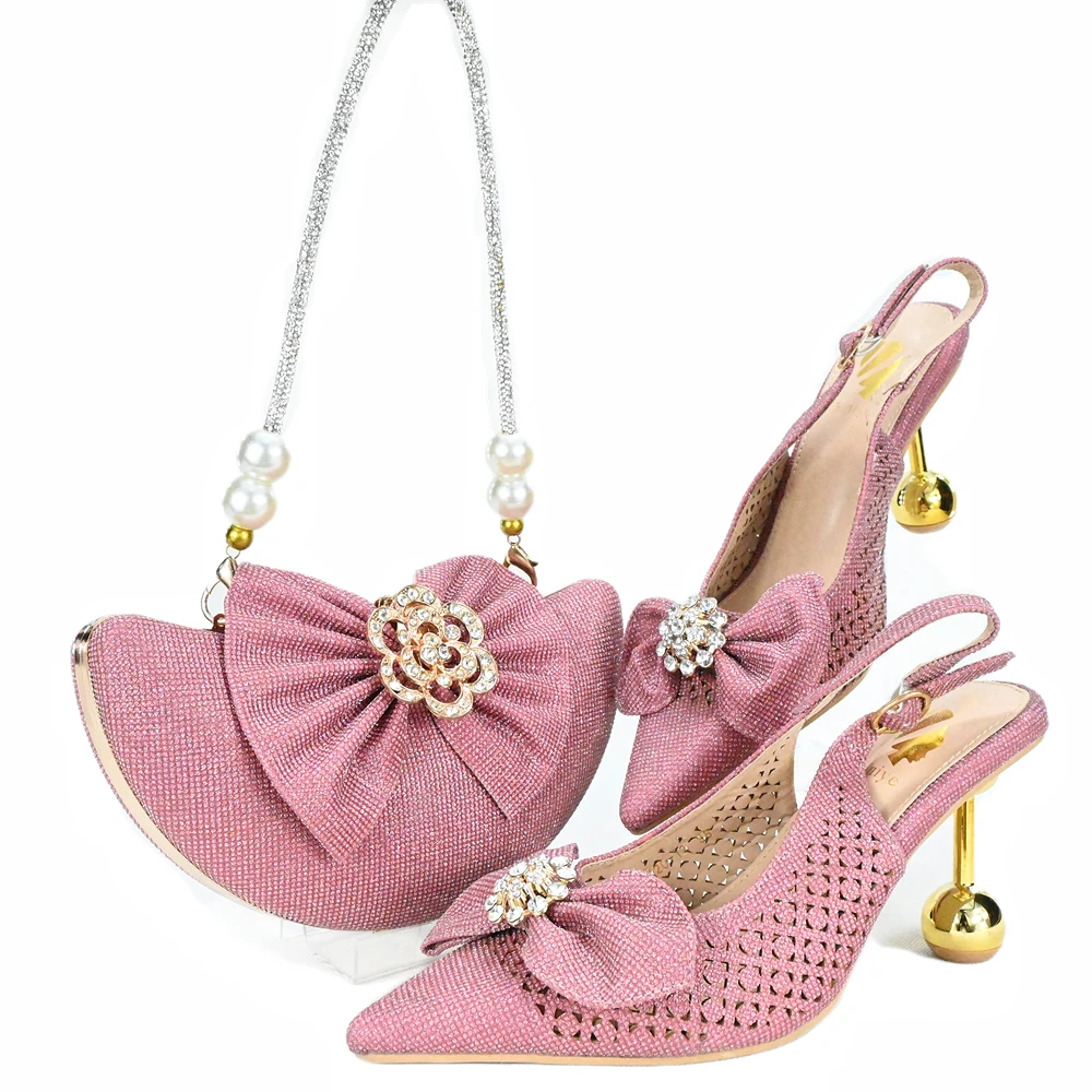 Rhinestone 2024 Purple Color Pointed Toes Design Ladies Sandal Shoes Matching Bag Set For Nigerian Women Wedding Party
