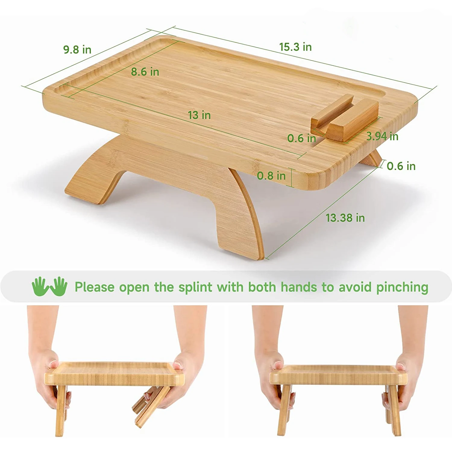 Side Table Foldable Couch Tray with 360 degrees Rotating Phone Table for Eating Drinks Snacks Bamboo Sofa Tray Table Clip