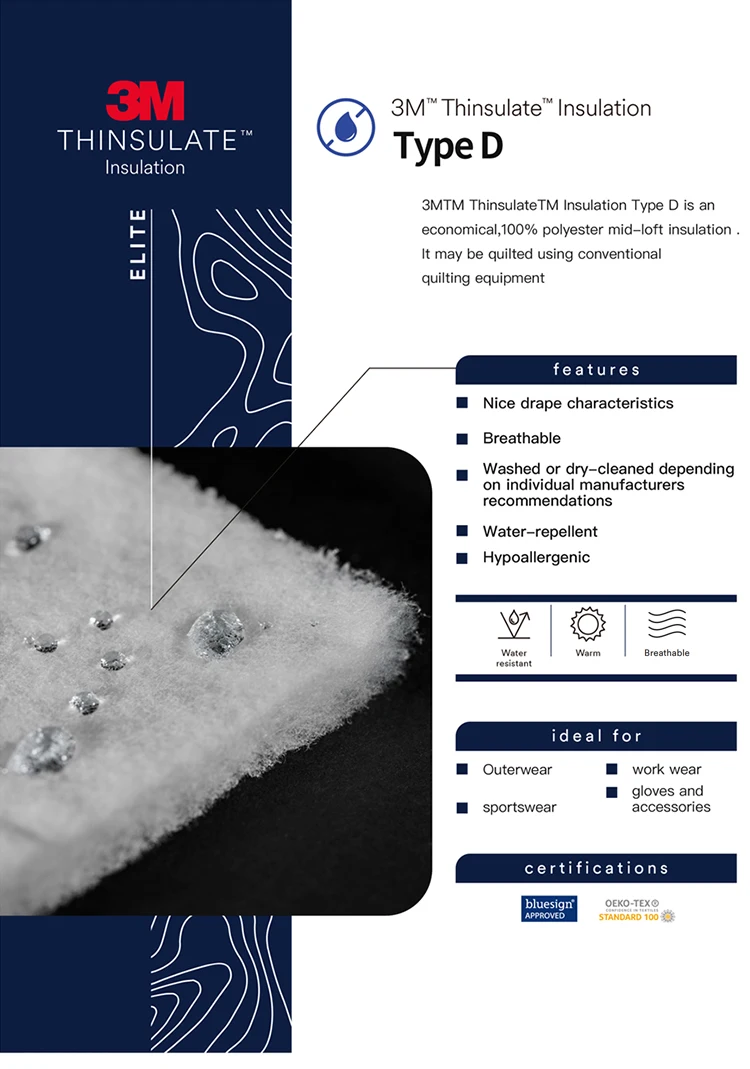 3M Thinsulate Water-repellent Synthetic Material Padding 100% Polyester Fiber For Outerwear Sportswear WorkWear Accessories