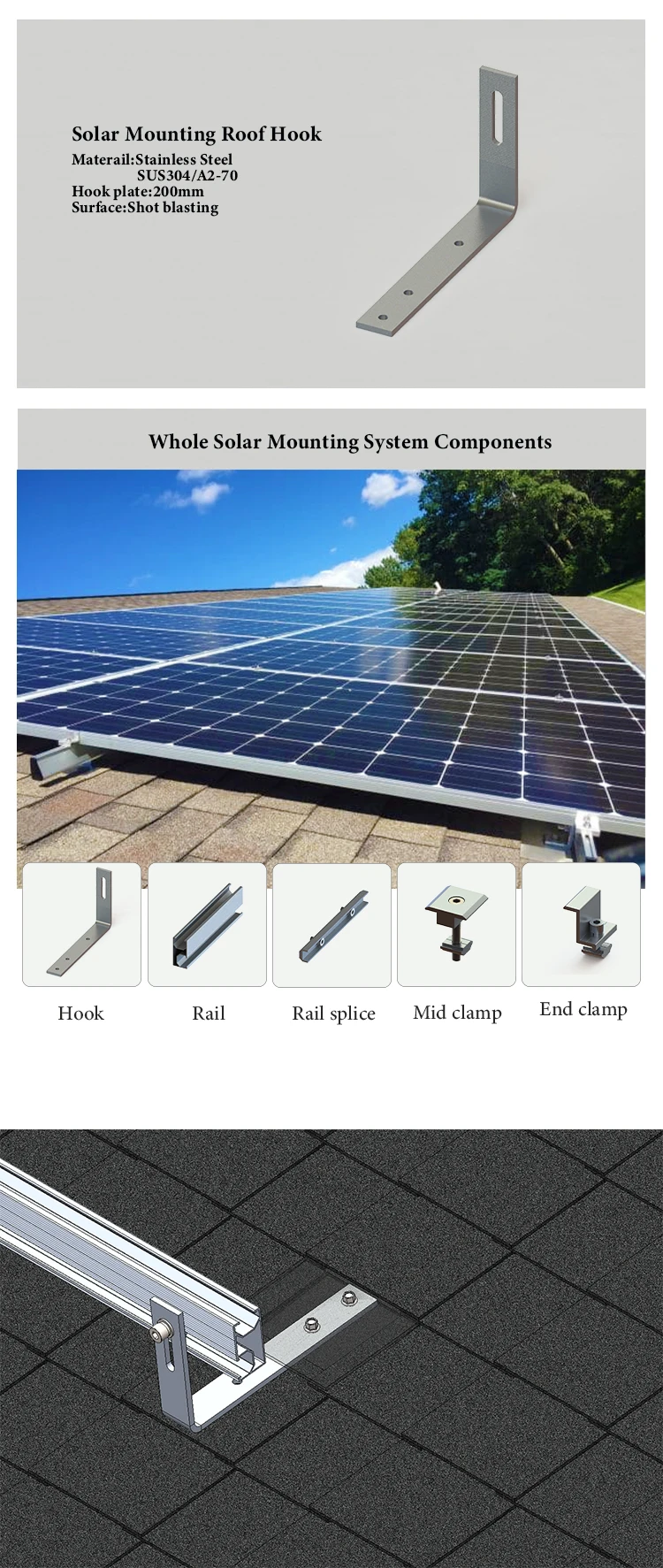 Asphalt Roof Shingles Mounting Solar Panel Roof Mounting Kit Solar Panel Shingle Mounting Bracket Stainless Steel hook