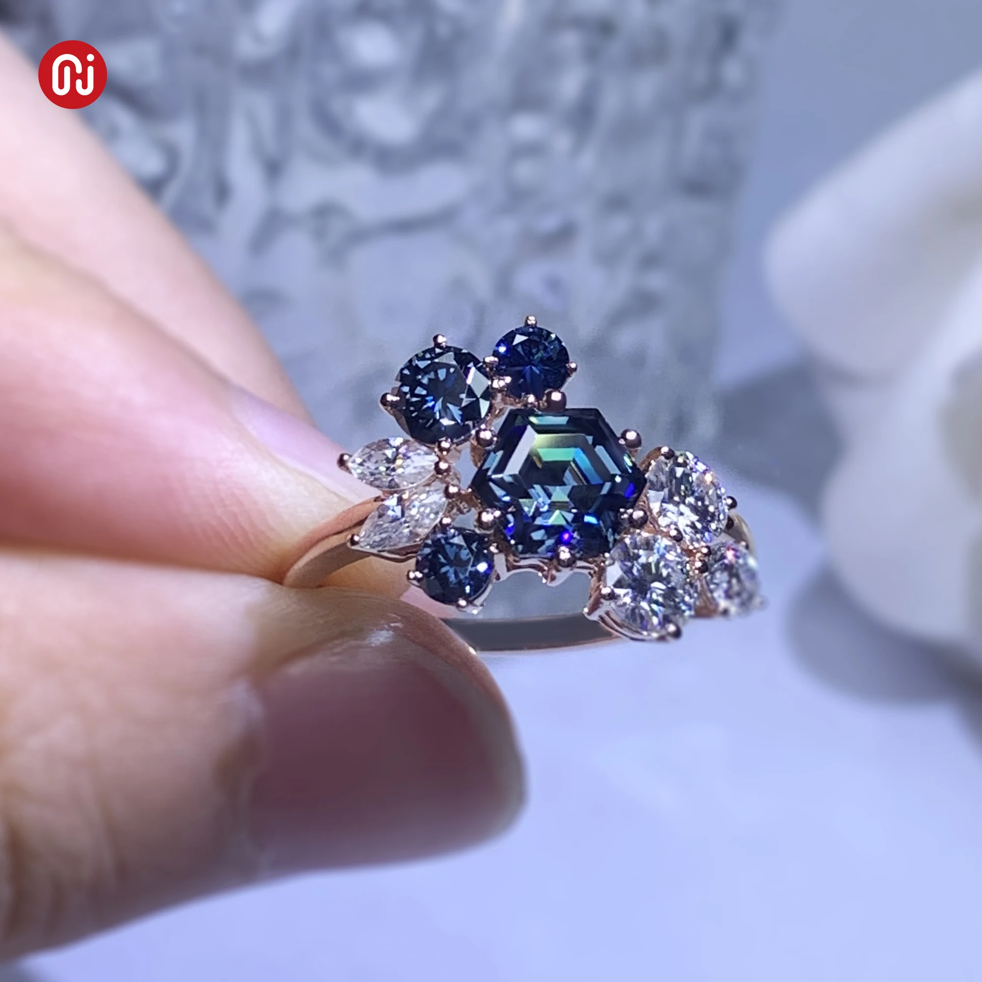 GIGAJEWE total2ct Vivid Blue color 6mm Hexagon Cut Ring Moissanite 9K/14K/18K Rose Gold  Moissanite Ring Customize Jewelry