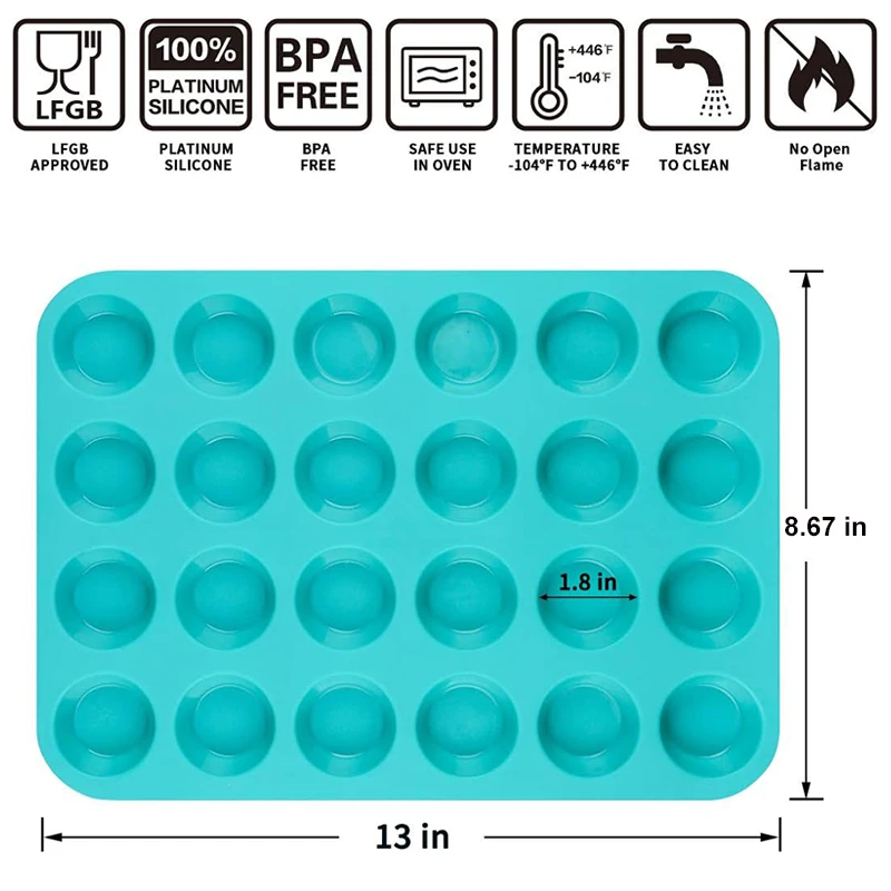 BPA Free 24 Cups Mini Cupcake Pans Regular Size Silicone Muffin Mold Food Grade Non Stick Silicone Baking Pan Cake Mold