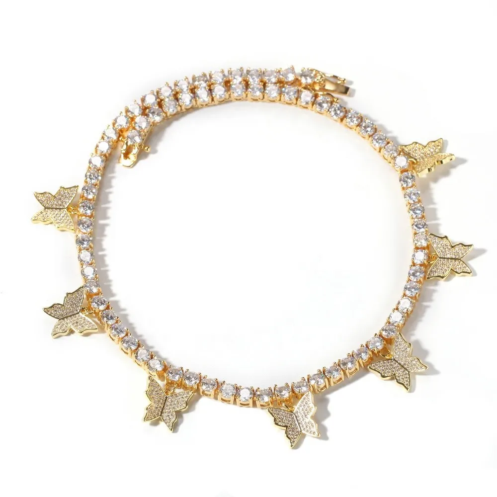Hip Hop Luxury Women Butterfly Tennis Necklace Choker Iced Out Bling Butterfly Chain Jewelry